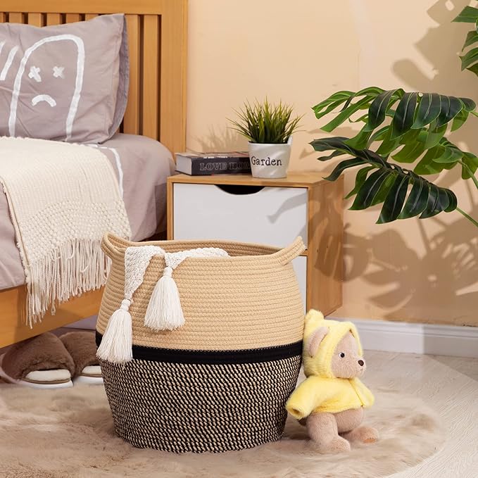 KAKAMAY Woven Baskets for Storage(17"x17"),Large Cotton Rope Woven Baby Laundry Hamper,Collapsible Laundry Basket, Blanket Basket for Organizing Living Room,Nursery,Clothes,Toy chest (Black)
