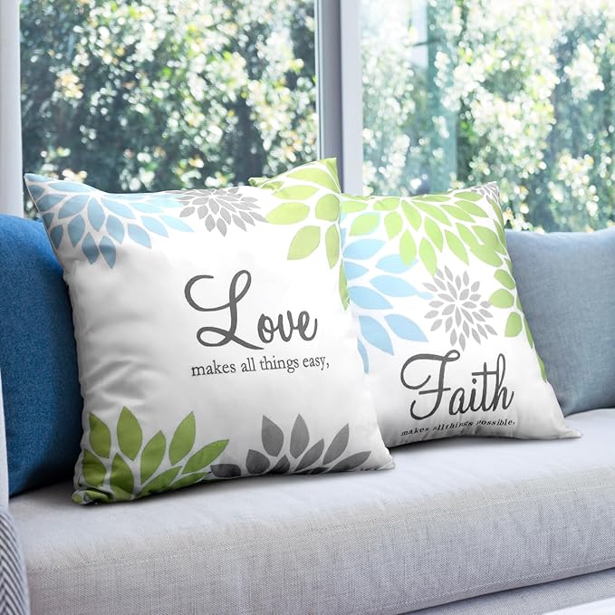 Tatuo 4 Pcs Flower Pillow Covers Square Spring Pillow Cushion Cases 18 x 18 Inch Family Faith Hope Love Words Decorative Summer Winter Cushion Case for Bed Couch Sofa Living Room(Green Series)