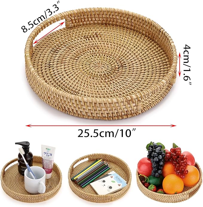 Hipiwe 10" Round Rattan Serving Tray with Handles, Hand-Woven Decorative Organizer Tray for Storage Breakfast Drinks Snack, Centerpiece Fruit Basket for Home Decoration, Small