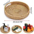 Hipiwe 10" Round Rattan Serving Tray with Handles, Hand-Woven Decorative Organizer Tray for Storage Breakfast Drinks Snack, Centerpiece Fruit Basket for Home Decoration, Small