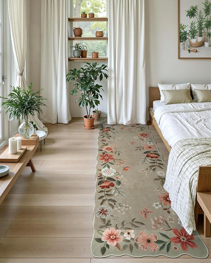 Lahome Floral Runners for Hallways, 2'6''x8' Kitchen Runner Rug Non Slip, Soft Washable Runner with Rubber Backing Carpet for Laundry Bedroom Bathroom Flore (Brown)