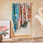 Boho Throw Blanket - 90"x90" 100% Cotton Ultra Soft Lightweight Spring Blanket, 4-Layer Breathable Muslin Blankets for Bed Couch, Reversible Blue Floral Bird Printed Bohemian Cotton Quilt
