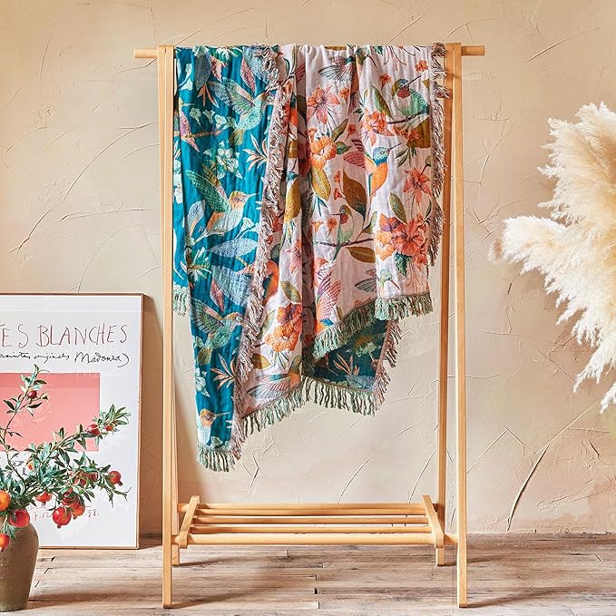 Boho Throw Blanket - 60"x80" 100% Cotton Ultra Soft Lightweight Spring Blanket, 4-Layer Breathable Muslin Blankets for Bed Couch, Reversible Blue Floral Bird Printed Bohemian Cotton Quilt