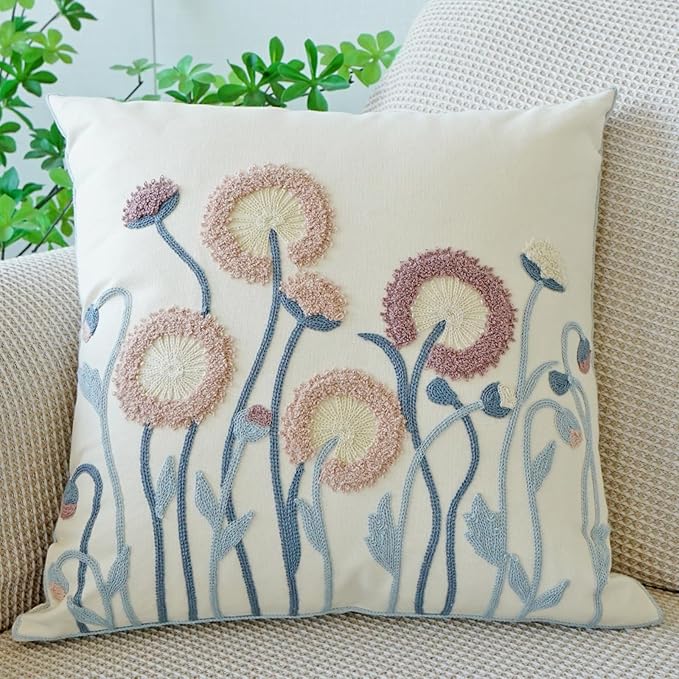 vctops Floral Embroidered Pillow Covers 18x18 Inch Spring Summer Cotton Tufted Throw Pillow Cover Outdoor Garden Cushion Case for Sofa, Bed, Living Room (Flower C,18"x18")