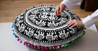 CRAFT KALA 22" Bohemian Floor Pillow Pouf Cover Mandala Boho Large Round Meditation Room Pillow Covers for Adults Seating Poufs Cushion Cover for Kids Playroom Black and White Elephant