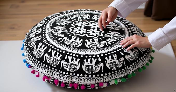 CRAFT KALA 22" Bohemian Floor Pillow Pouf Cover Mandala Boho Large Round Meditation Room Pillow Covers for Adults Seating Poufs Cushion Cover for Kids Playroom Black and White Elephant
