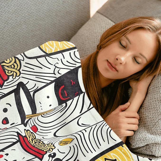 Cute Noodle Ramen Cup Throw Blanket - 60x80in,Ultra Soft, Cozy Lightweight Flannel,Japanese Cuisine Smiling Face Blankets - Gifts for Kids & Food Lovers,for Couch Home Living Room Decor