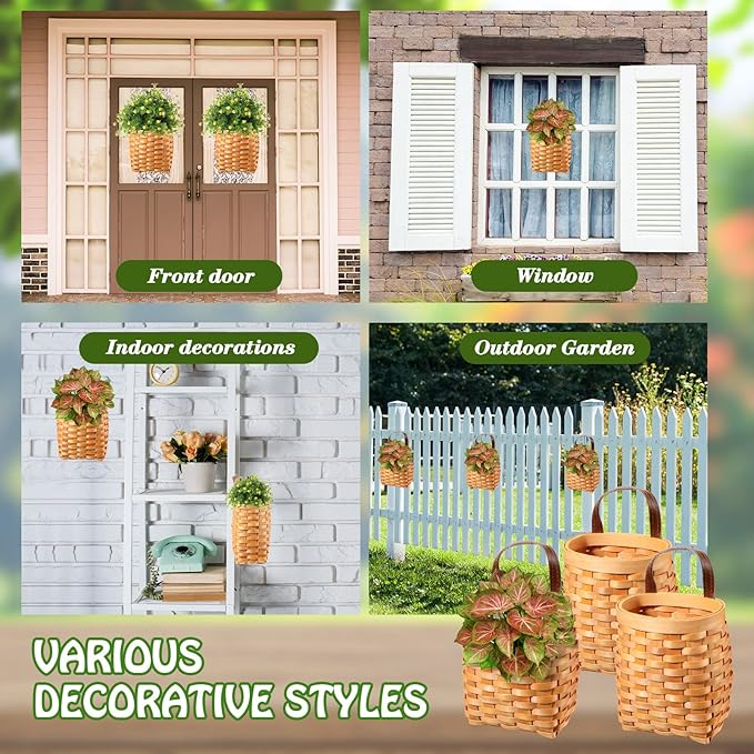 Yinkin 3 Pack 6 Inch Small Wall Hanging Basket Woven Wood Storage Basket Hanging Rope Organizer Flower Plants Vegetable Wall Decoration for Porch Living Room Bedroom Home(Brown)
