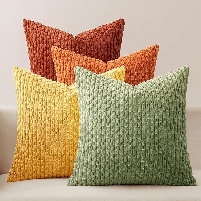 MIULEE Burnt Orange Decorative Throw Pillow Covers for Couch Modern Striped Cushion Covers Soft Corduroy Pillowcase Home Decor for Bed Sofa Living Room 18x18 Inch Set of 4 Yellow Orange