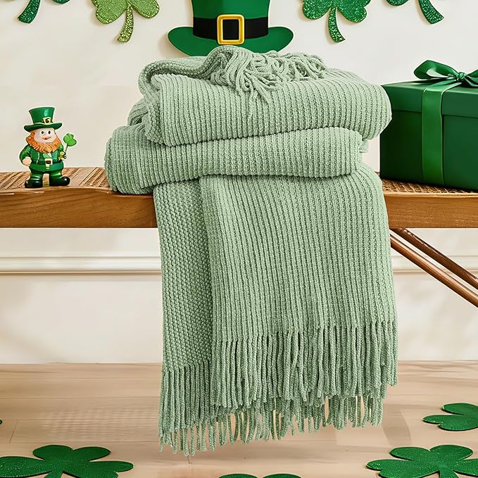 inhand Basil Green Throw Blanket for Couch Bed,St. Patrick’s Day Lucky Spring Gifts Throw for Men Women,Chunky Chenille Woven Soft Warm Blanket,Boho Farmhouse Cozy Decor,60"x80",Extra Thick