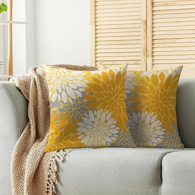 Yellow Cream Grey Gray Pillow Covers 20X20 Inch Set of 2, Modern Dahlia Floral Print Decorative Throw Pillow Covers Outdoor Farmhouse Cushion Case for Home Couch Sofa Bed Decoration