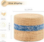 Handwoven Water Hyacinth Ottoman Pouf, Round Outdoor Footstool with Sturdy Frame, No Assembly Needed, Boho Accent Stool for Indoor & Outdoor Use – Patio, Balcony, Living Room (Blue)