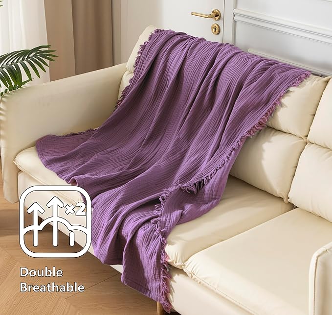 KyraHome 100% Organic Cotton 50"x60" Muslin Throw Blankets for Adults, Kids, Picnic, Travel, Plant Dyed, Lightweight Gauze Soft Cotton Throw Blankets for Couch, All Season, Purple/Lavender