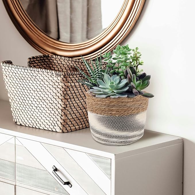 Woven Seagrass Planter Basket for Indoor Plants Decorative Storage Organizer Rustic Flower Pot for Faux Plants and Home for Windowsills and Living Spaces