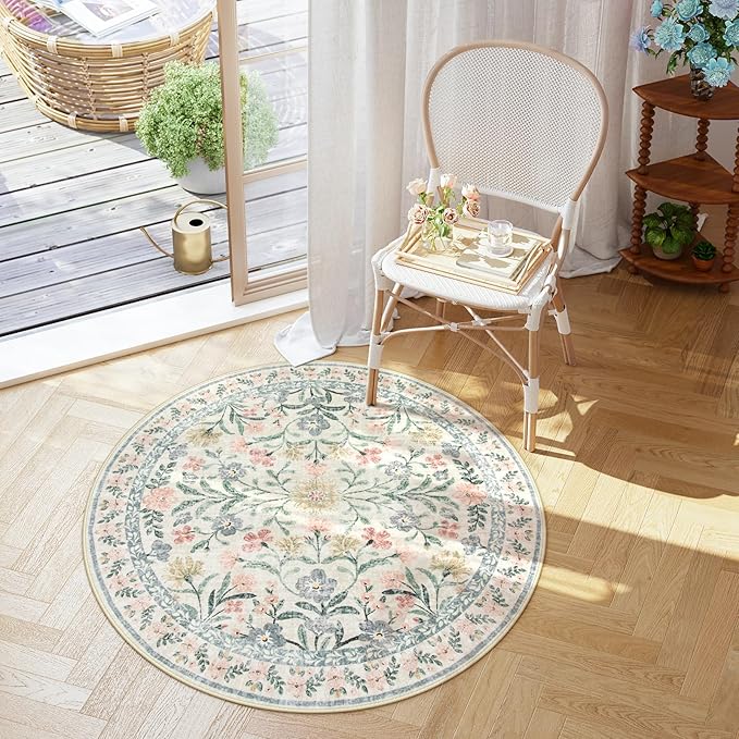 Lahome Sylvie Round Boho Floral Rugs 4ft, Cream Washable Circle Rugs for Bedroom Nursery, Vintage Beige Circular Carpet, Soft Non-Slip Carpet for Kids Room Playroom Calm Corner, Beige