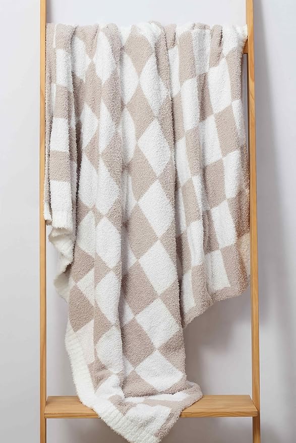 CREVENT 50‘’X60‘’ Ultra Soft and Plush Reversible Microfiber Throw Blanket for Couch Sofa and Bed (Checkered Beige)