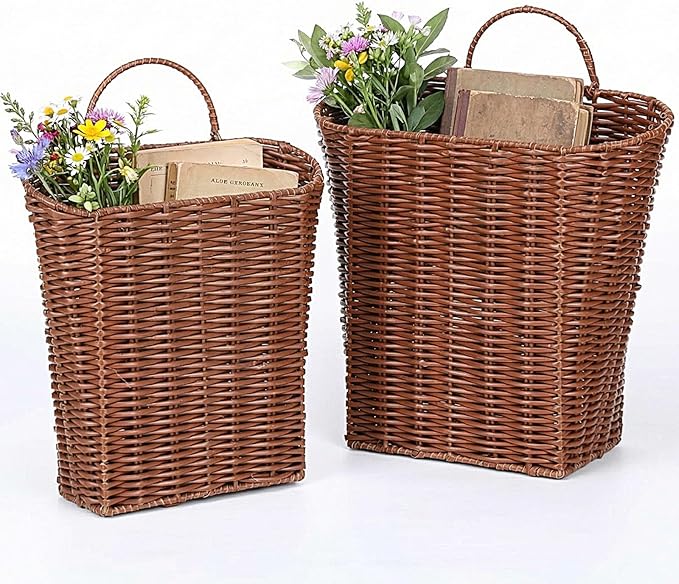 2 Pack PE Rattan Hanging Wall Basket Wicker Hanging Basket for Front Door Mail Flowers Books Accessories Organizing Boho Rustic Farmhouse Wall Decor (Oval Opening)