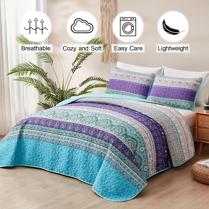 Xruibed Boho Quilt Set Queen,Purple Teal Bohemian Quilt Coverlet 3PCs Soft Microfiber Lightweight Bedspread with 2 Pillowcases for All Season (Queen Size 90"x96")