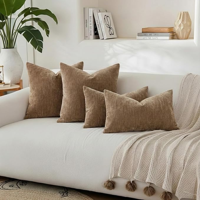 decorUhome Chenille Brown Spring Euro Sham Throw Pillow Covers 24x24 Inch Set of 2, Decorative Soft Couch Pillow Covers Solid Dyed Accent Farmhouse Neutral Square Pillow Cases for Sofa