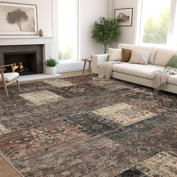 Vintage Washable Area Rug for Living Room,Low Pile 9x12 Non Slip Carpet Non-Shedding Area Rug Soft Indoor Stain Resistant Rug Floral Print Mat for Bedroom Dining Room 084-Brown