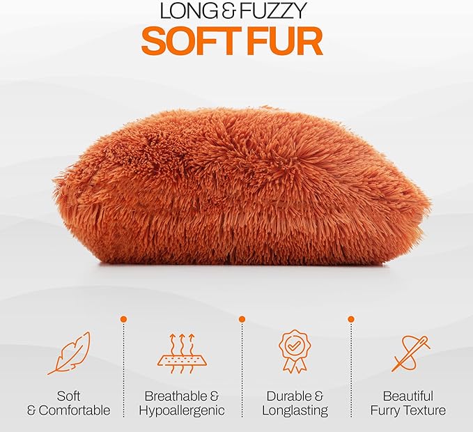 Cheer Collection Throw Pillows for Couch and Bed, Soft Shaggy Throw Pillows with Inserts Included, Cozy Long Hair Faux Fur Pillows - Set of 2-20" x 20" - Rust Orange