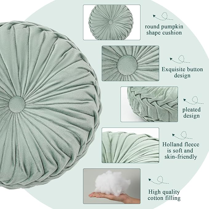 Round Throw Pillows Decorative Pleated Throw Pillows 15'' Diameter Accent Pumpkin Boho Chair Cushion for Couch Sofa Home Decoration(White, Light Green, Green,3 Pcs)