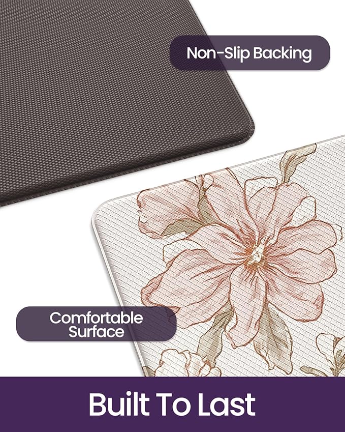 DEXI Kitchen Mats for Floor 2 Piece Set, 17x29+17x59, Cushioned Standing Mat Anti Fatigue, Waterproof Comfort Floral Padded for Laundry Room Office, Pink