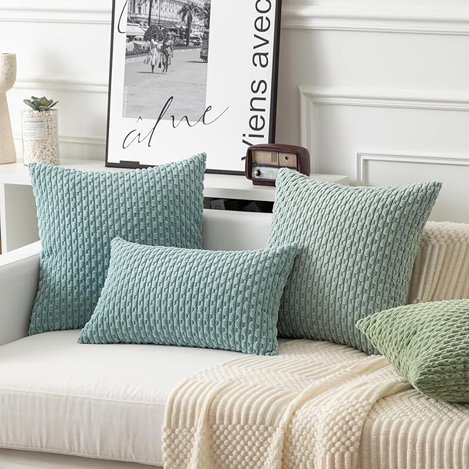 Kevin Textile 14x22 Inch Pillow Cover 1 Pack Boho Decorative Soft Striped Corduroy Lumbar Farmhouse Accent Rectangle Cushion Case for Living Room Couch Sofa Bed, Dusty Green
