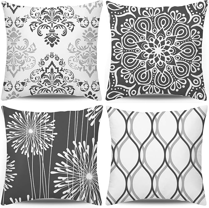 Coliuso Decorative Throw Pillow Covers 20x20 Set of 4, Dark Grey and White Modern Simple Square Pillow Case Cushion Cover for Sofa Couch Farmhouse Outdoor Living Room