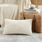 Fancy Homi 2 Packs Cream Lumbar Decorative Throw Pillow Covers 16x32 Inch for Living Room Couch Bed Sofa, Rustic Farmhouse Boho Home Decor, Soft Striped Corduroy Rectangle Accent Cushion Case 40x80 cm