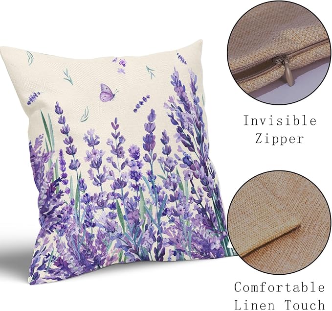 Kawani Spring Summer Floral Pillow Covers 16X16 Inch Purple Lavender Butterfly Flowers Decorative Pillow Cases Set of 2 Seasonal Holiday Throw Pillows Farmhouse Home Decor for Sofa Couch Cushion