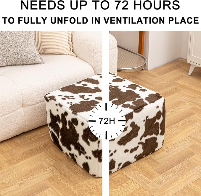 20x20x14 Inches Fluffy Square Pouf Ottoman - Plush Furry Boneless Ottoman Foot Rest Stool with High-Density Foam, Versatile Floor Seating for Living Room (Coffee Cow Print)