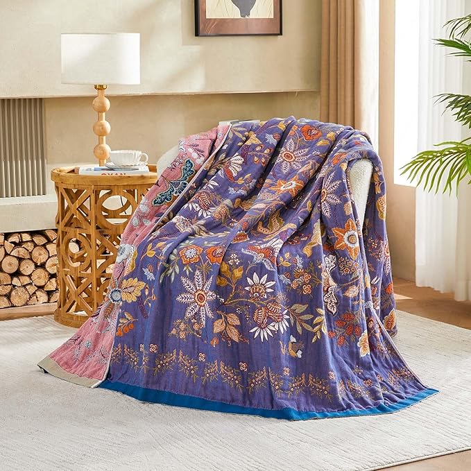 Boho Blanket, 100% Cotton Farmhouse Decorative Throw Blanket, 90"x98" Reversible Bohemian Throw Blanket, Purple All Season Muslin Breathable Woven Blankets Quilt
