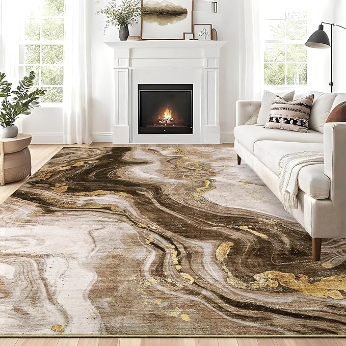 GarveeHome Large Area Rugs 10x13 Modern Abstract Rug with Marble Swirl Pattern, Neutral Abstract Rugs for Farmhouse, Stain-Resistant Low Pile Floor Cover for Bedroom Living Room Office, Brown