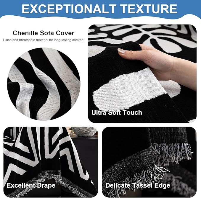 VClife Minimalism Tribal Couch Cover Non Slip White Black Geometric Jacquard Sofa Cover Washable Bohemian Style Aztec Couch Slipcover for Sectional Couch Chenille Furniture Protector 71''x150''
