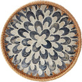 Round Rattan Tray with Mother of Pearl Inlay, Rattan Serving Tray with Wooden Base, Decorative Wicker Basket for Table Decor, Storage and Display of Coffee Bread Food Fruit (Plume)