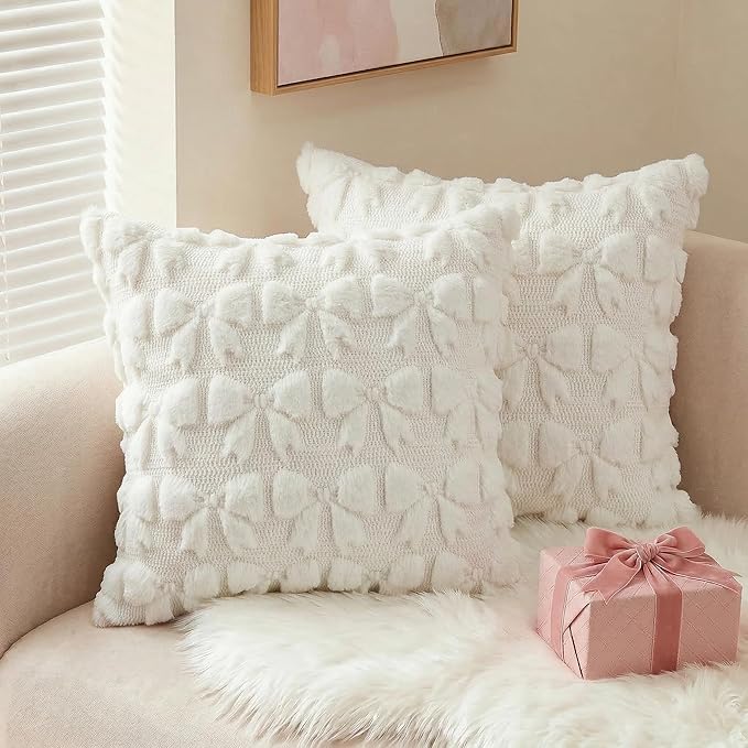 AVOIN colorlife Cream White Spring Bow Throw Pillow Covers Set of 2, 20 x 20 Inch Coquette Aesthetic Room Decor Soft Plush Faux Fur Cushion Case for Girls Room