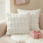 AVOIN colorlife Cream White Spring Bow Throw Pillow Covers Set of 2, 16 x 16 Inch Coquette Aesthetic Room Decor Soft Plush Faux Fur Cushion Case for Girls Room