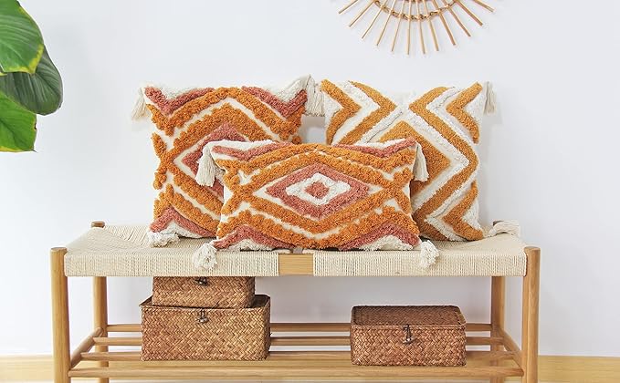 JOJUSIS Boho Lumbar Throw Pillow Covers with Handmade Tassels Decorative Woven Tufted Orange Lumbar Pillowcase for Couch Bedroom 12 x 20 Inch