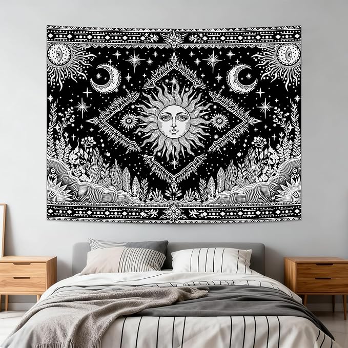 Accnicc Black and White Sun and Moon Tapestry Hippie Boho Celestial Wall Tapestry for Bedroom Aesthetic Vintage Plant Spiritual Small Tapestries Wall Hanging for Dorm Living Room Decor 48 x 36 Inch