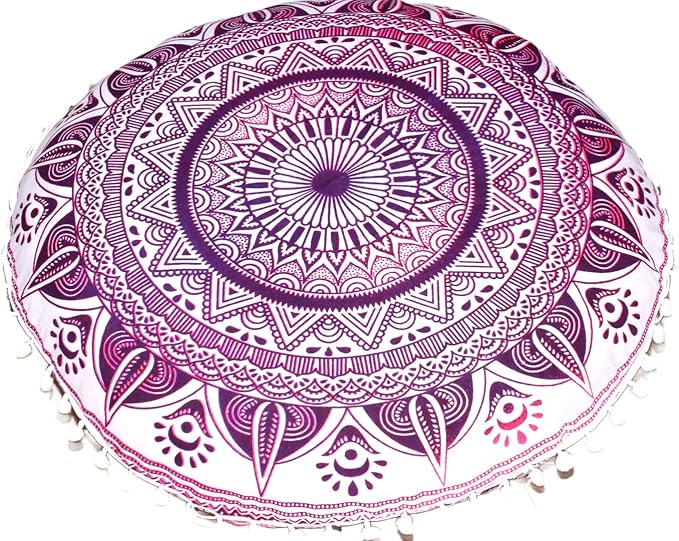 CRAFT KALA Round Mandala Meditation Cushion Cover, Floor Pillow or Cushions Cover, Yoga Seat Cover Seating Poufs Cover for Living Room 32", Pink Trishul