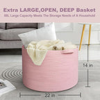 Extra Large Pink Basket, 22"x22"x14" Woven Cotton Rope Bin with Handles, Blanket Storage for Living Room, Baby Kids Toy Storage Bin Box, Wicker Laundry Basket, Pink Room Decor Organizing