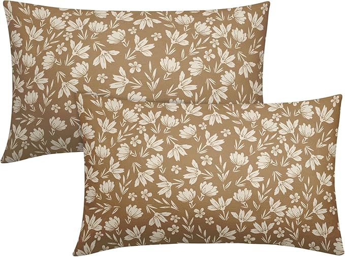 Brown Pillow Covers 12x20 Set of 2 Vintage Floral Rustic Old Style Cute Flower Print Rectangle Decorative Outdoor Pillowcases Seasonal Farmhouse Throw Cushion Case Couch Sofa Bed Decor