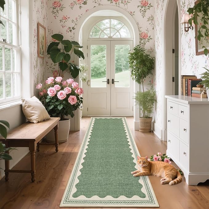 Scalloped Sage Green 2.5x8 Runner Rug for Hallway Washable Kitchen Rugs Non Slip Solid Tan Jute Modern Minimalism Soft Low-Pile Scalloped Indoor Carpet for Entryway Laundry Room Floor Mats
