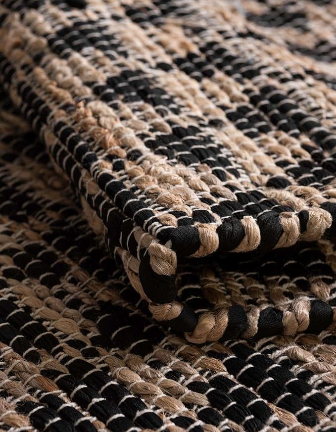 Unique Loom Chindi Jute Collection Area Rug (1' 2" x 8' Table Runner, Black/ Natural)