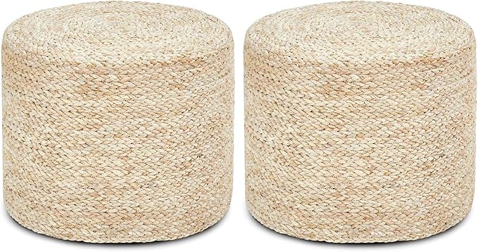 Wimarsbon 2Pcs Pouf Ottomans, Natural Seagrass Foot Stool, Hand Weaving Round Ottoman, Boho Decorative Seat, Jute Braided Pouffe Poof Accent Sitting Footrest for Living Room (18inch Corn Shell)
