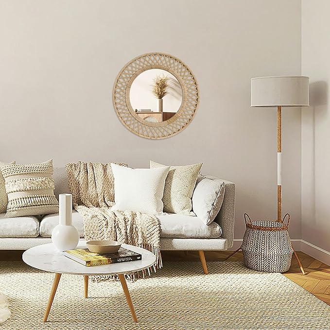 Round Rattan Wall Mirror – 24x24 Inch Boho Elegance with Woven Frame, Decorative Mirror for Bathroom Vanity Entryway Living Room