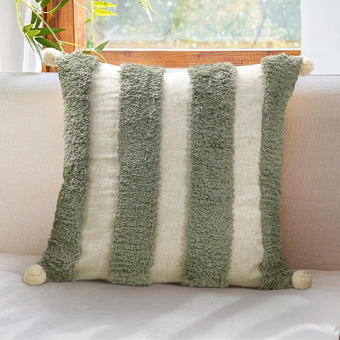 Boho Pillow Covers 18X18 Inch Boho Tufted Linen Throw Pillow Covers Decorative Pompoms Cushion Cover Farmhouse Pillow Case for Couch Sofa Bed Living Room Bedroom,Oliver Green