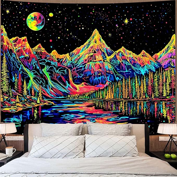 Zussun Blacklight Mountain Forest Tapestry for Bedroom Aesthetic Hippie Pine Tree River Lake Tapestries Wall Hanging Glow in The Dark Moon and Stars Wall Tapestry for Living Room Dorm 60 × 44 Inch