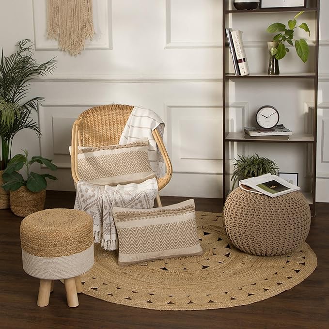 REDEARTH · Round Pouf Ottoman - Hand Knitted Cable Boho Poof Home Décor Pouffe Circular Footrest for Living Room - Nursery - Bedroom - Lounge 100% Cotton (19.5”x19.5”x14”) - Beige, Set of 2
